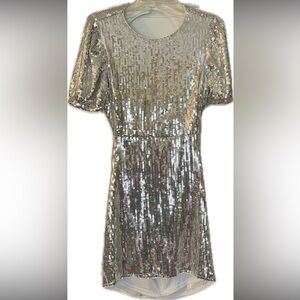 Lulus Silver Sequin Short Sleeve Backless Mini Dress